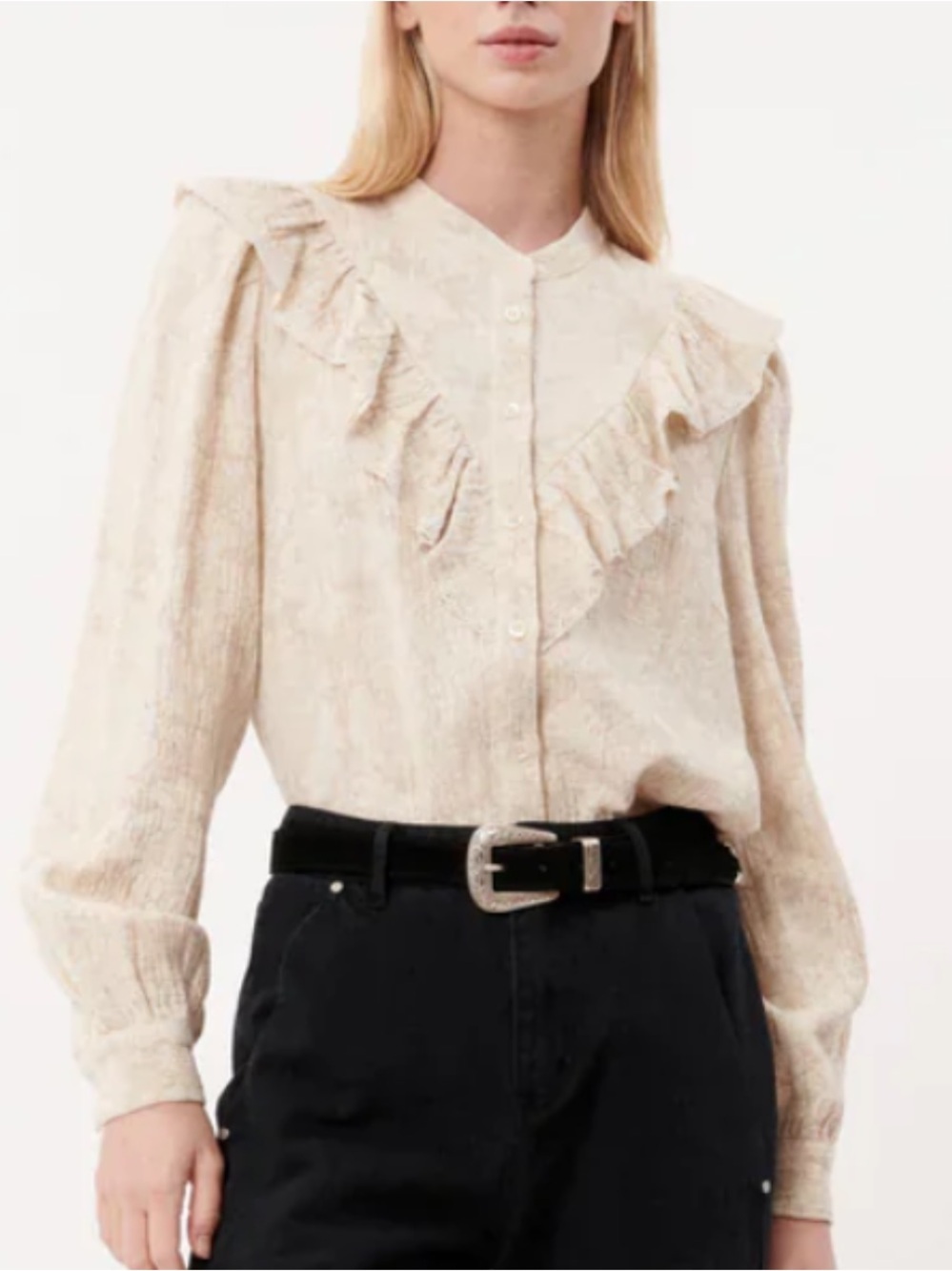 FRNCH Cream Floral Jacquard Ruffle-Front Blouse